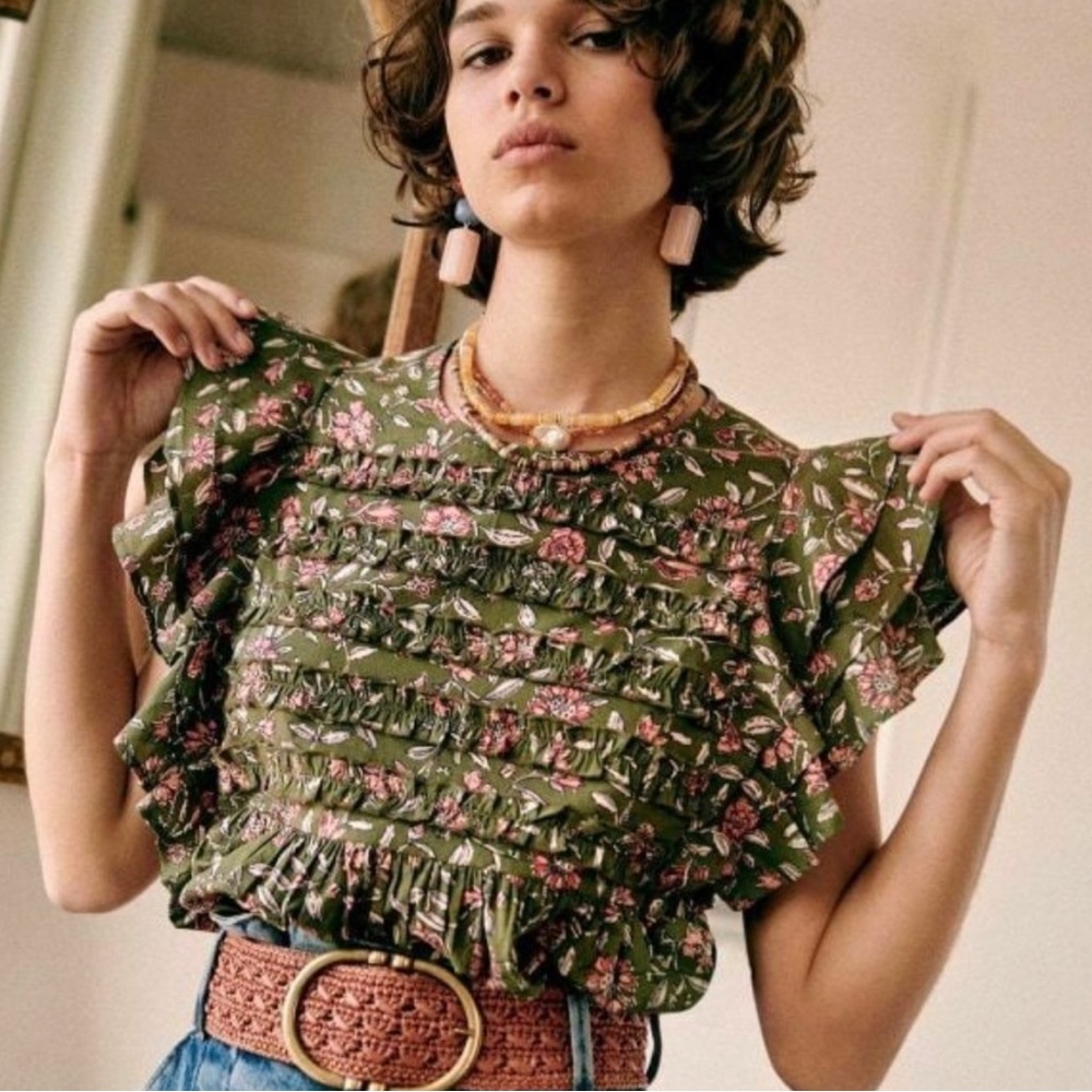Sezane Melia Blouse, size 36 in Fluers Khaki